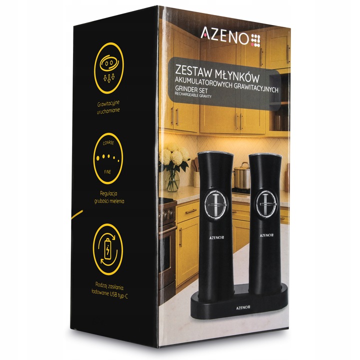 ELEKTRYCZNY MŁYNEK DO SOLI I PIEPRZU GRAWITACYJNY AKUMULATOROWY USB-C 2SZT