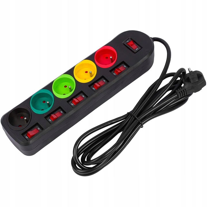 Przedłużacz Listwa Zasilająca Sieciowa 5 Gniazd 230V 3M kolorowy on/of