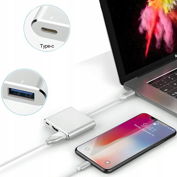 PRZEJŚCIÓWKA ADAPTER 3W1 USB-C 4K HDMI HUB USB 3.0 KONWERTER 100W 3A