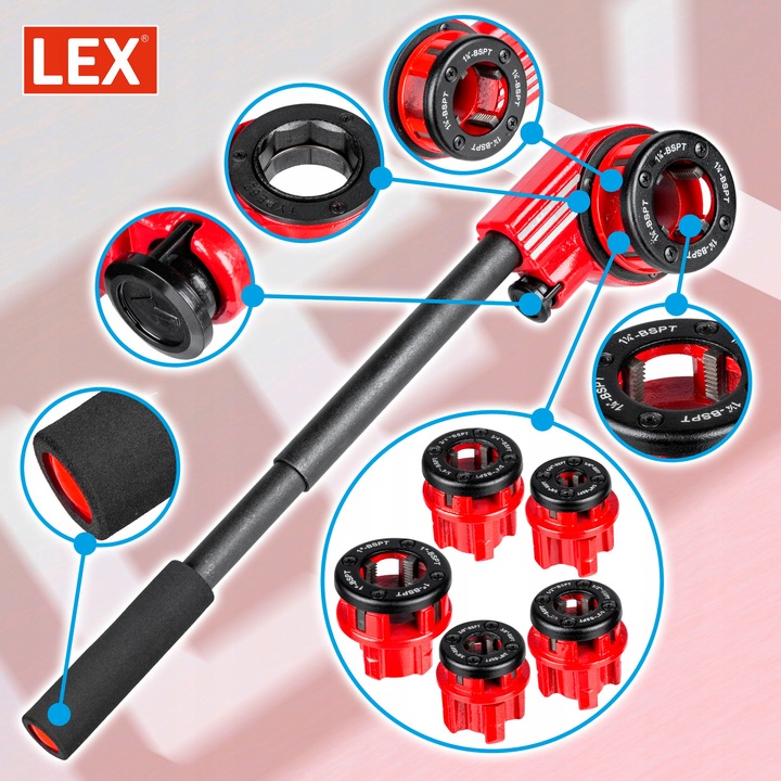 GWINTOWNICA RĘCZNA DO RUR grzechotka ZESTAW 6 narzynek głowic 1/4"–1