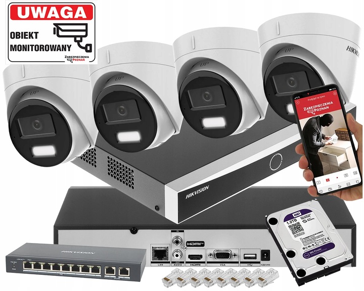 Zestaw do monitoringu 4x kamera IP Hikvision 6Mpx Podwójny Oświetlacz PoE