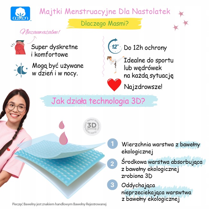 Majtki menstruacyjne ekologiczne Masmi DLA NASTOLATEK XS 100% bawełna BIO
