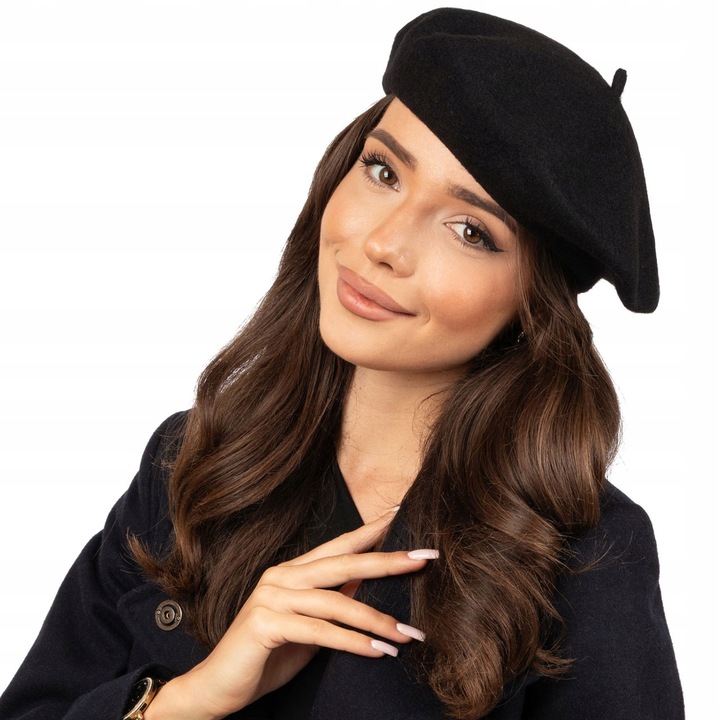 BERET damski FRANCUSKI wełniany CZARNY elegancki