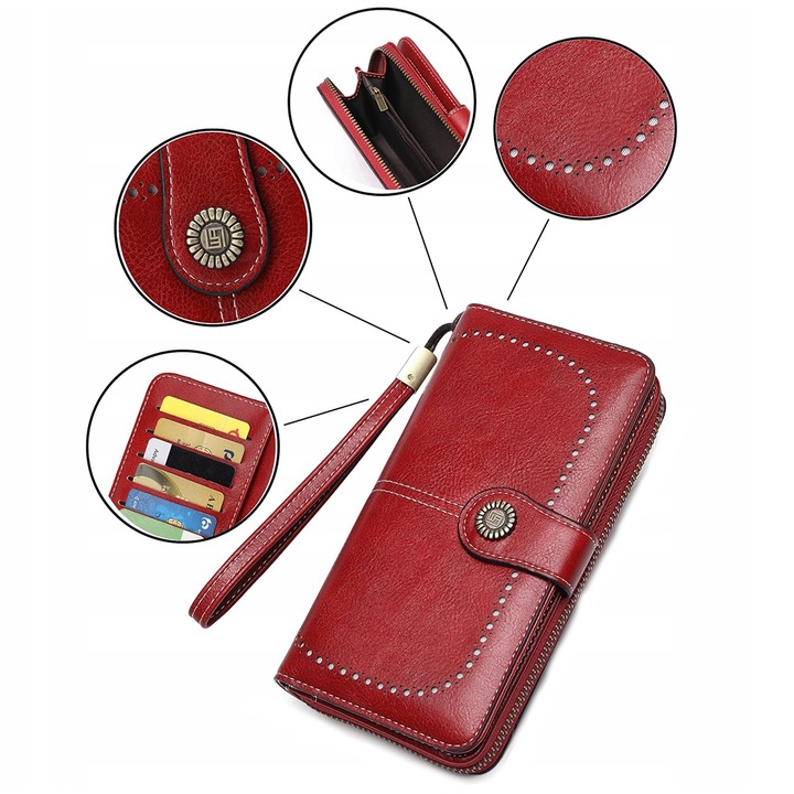 PORTFEL SKÓRZANY DAMSKI CZERWONY RFID ELEGANCKI FUNKCJONALNY POJEMNY