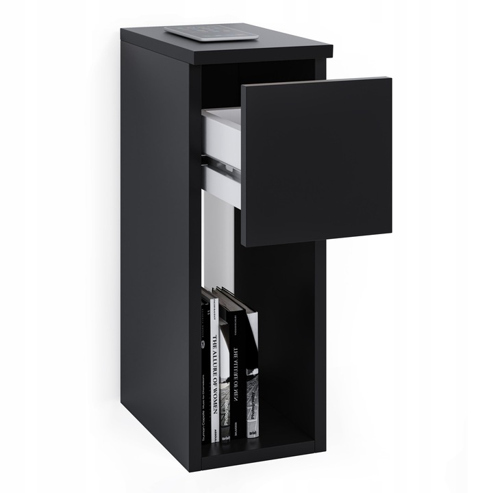 SZAFKA NOCNA CZARNA WĄSKA 20CM Z SZUFLADĄ I PÓŁKĄ LOFT STOLIK NOCNY