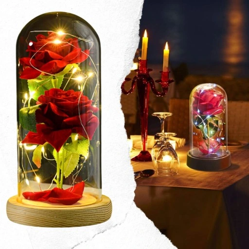 WIECZNA RÓŻA W SZKLE ŚWIECĄCA LED PREZENT PUDEŁKO NA WALENTYNKI DZIEŃ BABCI