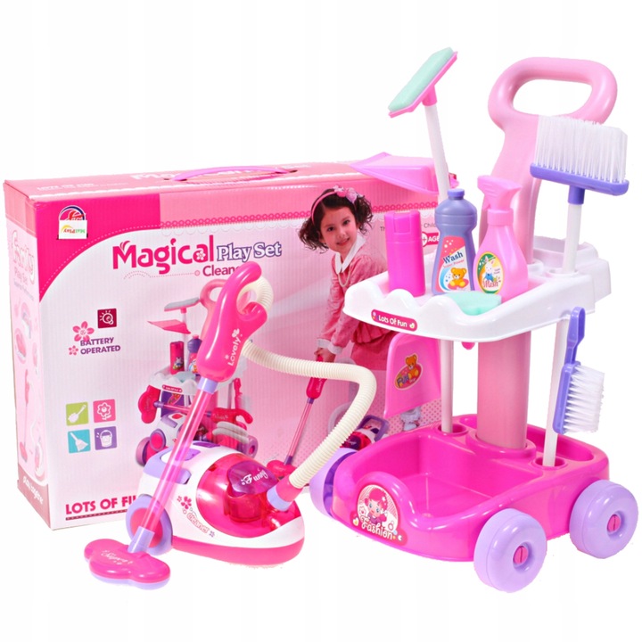 ZESTAW DO SPRZĄTANIA NA WÓZKU Z ODKURZACZEM DŹWIĘK SZCZOTKA MOP DLA DZIECI