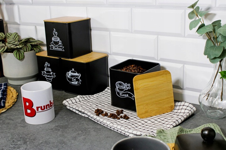 POJEMNIKI KOMPLET KAWA HERBATA CUKIER SÓL CZARNY METALOWY BAMBUS ZESTAW