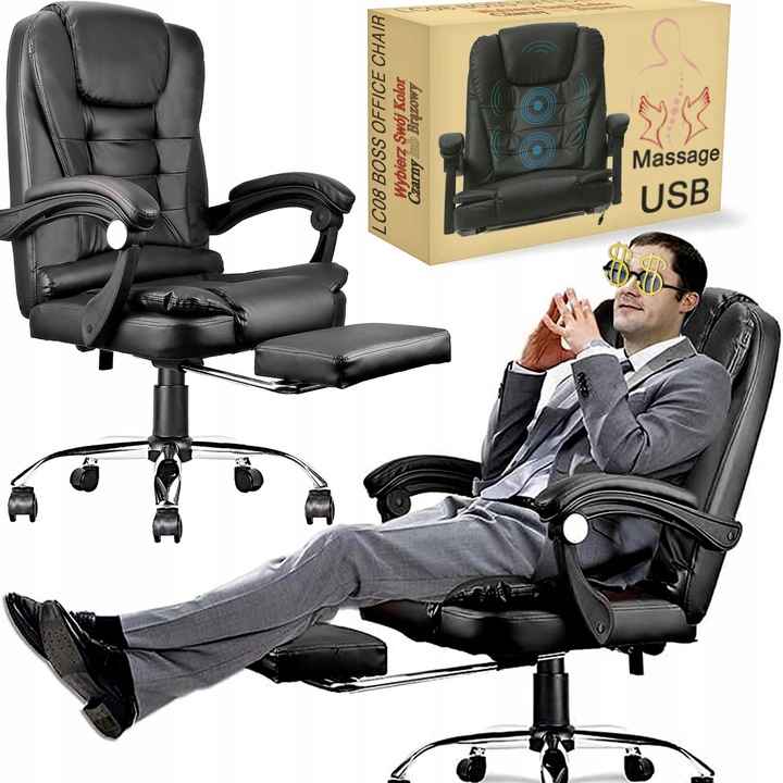 FOTEL BIUROWY OBROTOWY SKÓRZANY ERGONOMICZNY LC08 z MASAŻEM i