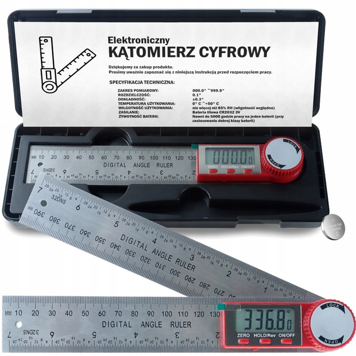 METALOWY KĄTOMIERZ ELEKTRONICZNY CYFROWY Z EKRANEM LCD 200mm 360° +