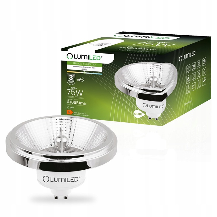 Żarówka LED AR111 ES111 GU10 10W = 75W 1055lm 4000K Neutralna 24°