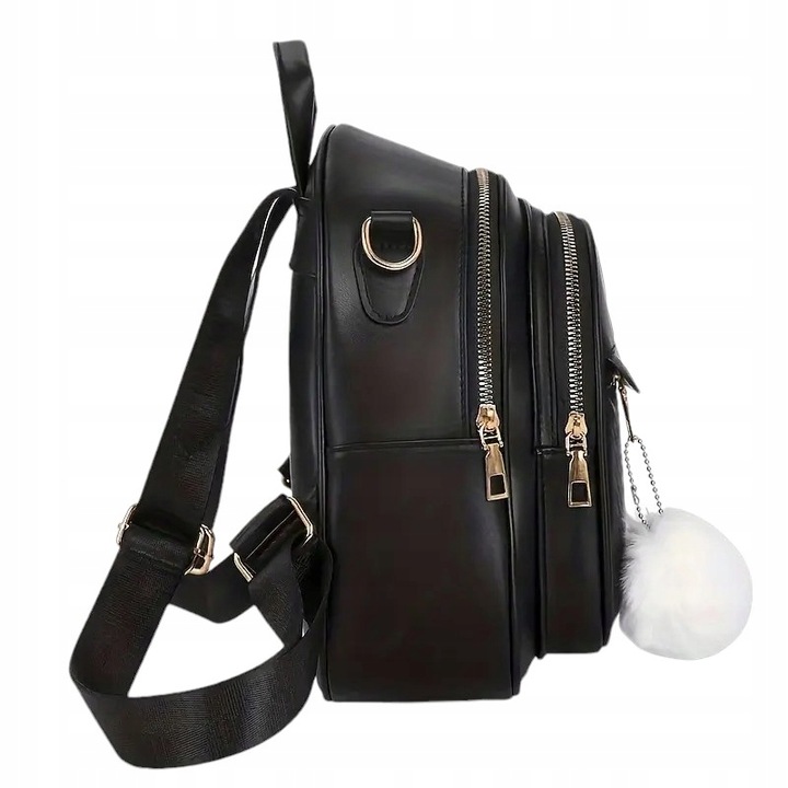 Plecak Torebka 2w1 Damski Eko Skóra Czarny Brelok Pompon Biały Prezent