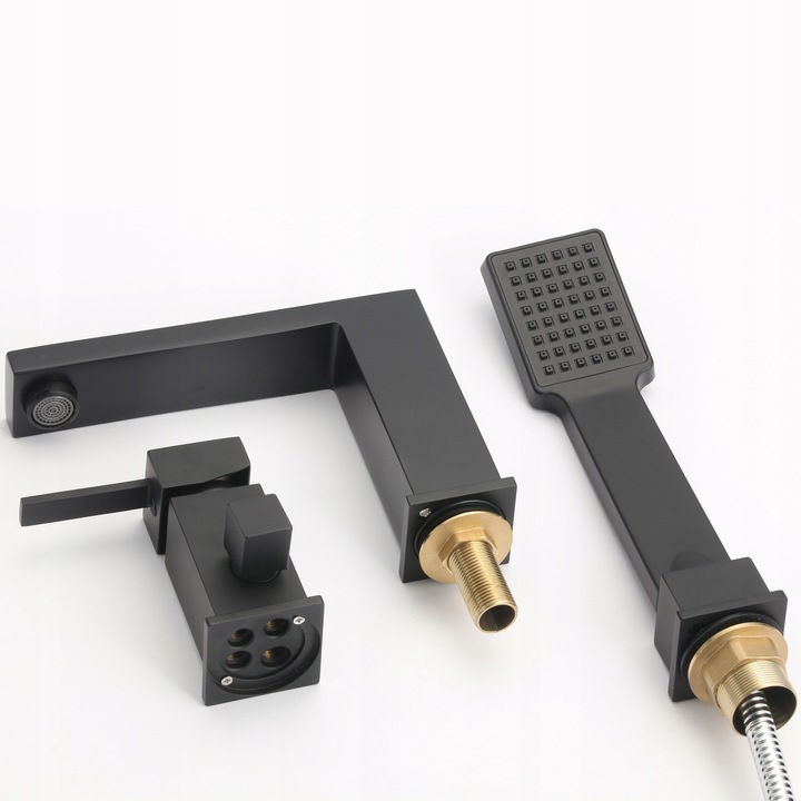 Bateria wannowa 3 otworowa stojąca czarna kran do wanny z prysznicem