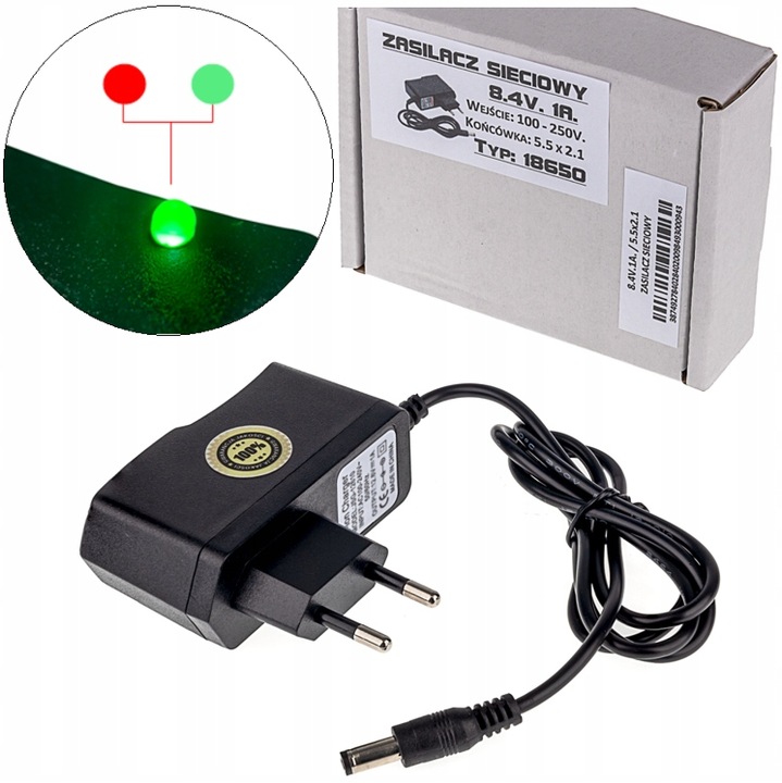 ŁADOWARKA SIECIOWA ZASILACZ SIECIOWY 8.4V 1A WTYK 5.5x2.1 KABEL 90CM