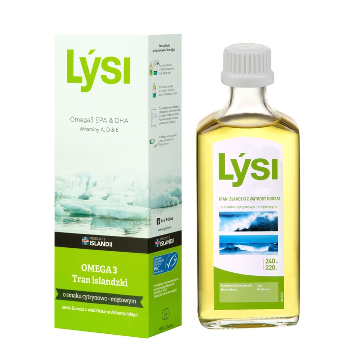 Lysi TRAN ISLANDZKI CYTRYNOWO MIĘTOWY Omega 3 EPA DHA WITAMINA A D E 240 ml