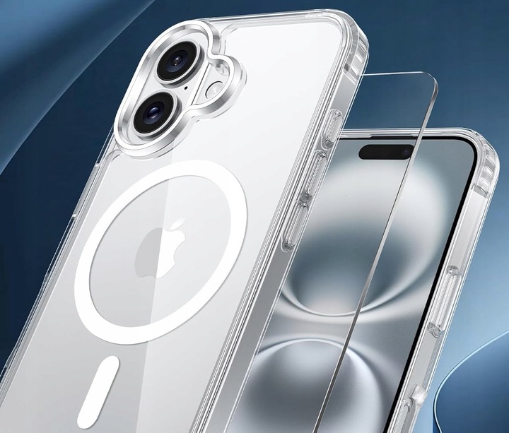 Etui Do iPhone 16 Plus +Szkło 9H WZMACNIANE 360° do MAGSAFE CLEAR CASE