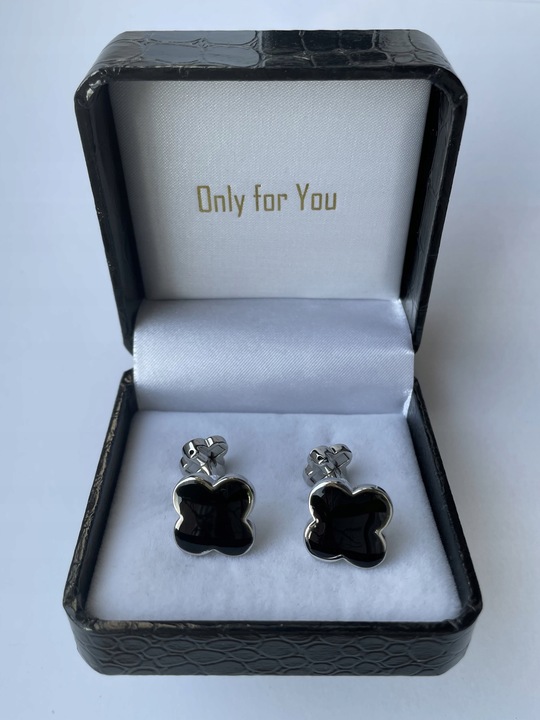 Markowe spinki do mankietów Exciting Czarna Koniczyna Koniczynka z Onyxem