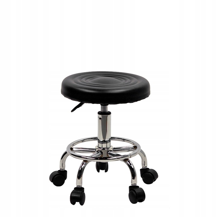 TABORET KRZESŁO STOŁEK Z KÓŁKAMI RONI CZARNY PODSTAWA CHROM SKÓRA PU