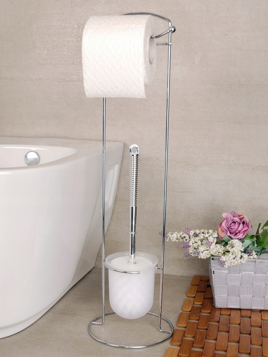 Stojak z uchwytem na papier toaletowy i szczotka do WC chrom srebrny