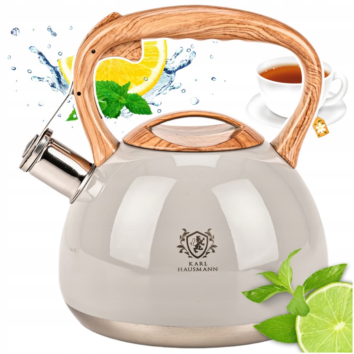 CZAJNIK STALOWY GAZ 3l SZARO KREMOWY z GWIZDKIEM DREWNIANA RĄCZKA