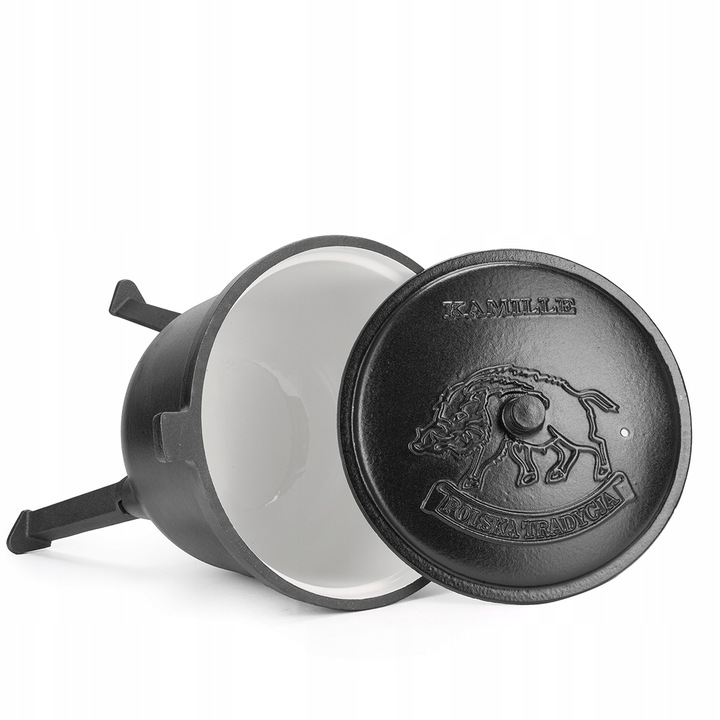 KOCIOŁEK MYŚLIWSKI ŻELIWNY EMALIOWANY GARNEK STOJĄCY NA OGNISKO 10L