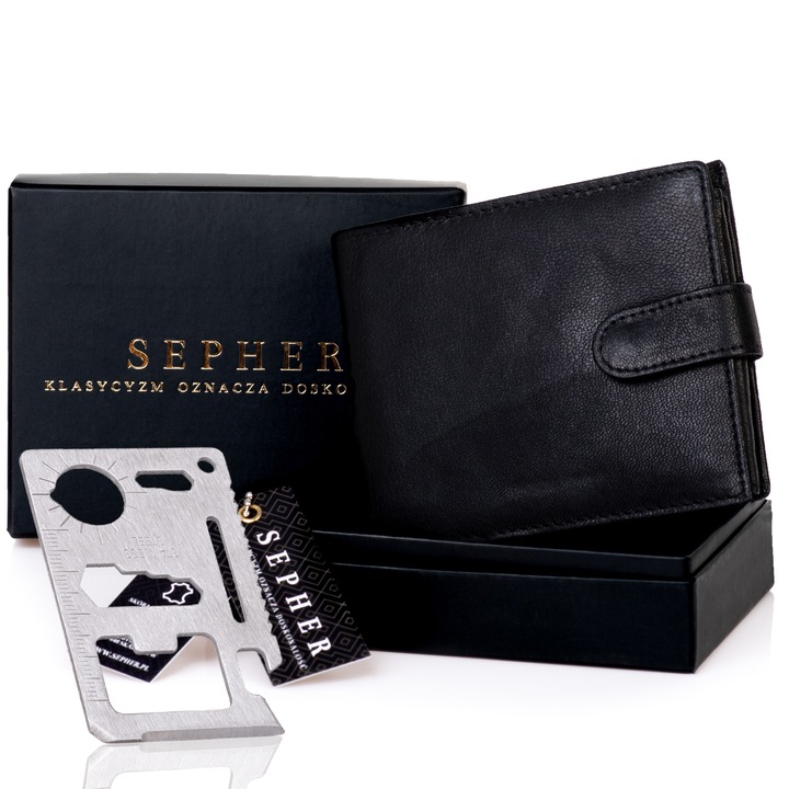 SEPHER Portfel 100% Skórzany Męski CZARNY zatrzask
