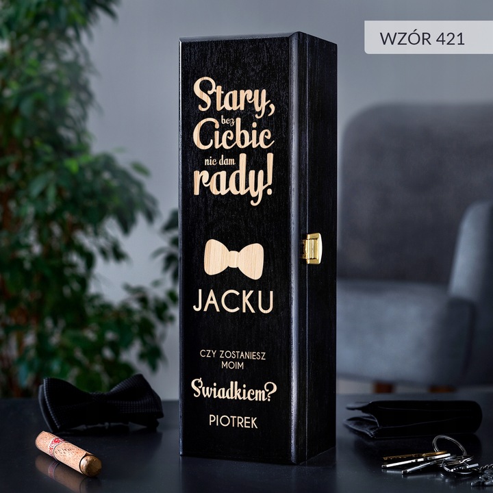 PROŚBA O ŚWIADKOWANIE SKRZYNKA NA WINO Z GRAWEREM PREZENT DLA ŚWIADKA IMIĘ