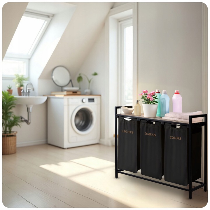 KOSZ NA PRANIE TRZYKOMOROWY BIELIZNĘ DUŻY POJEMNIK Z POKRYWĄ 3 KOMORY