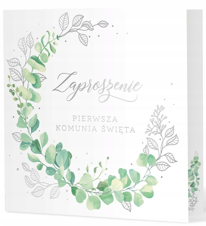 ZAPROSZENIA NA KOMUNIE komunijne + KOPERTY białe eukaliptus dla gości 10szt