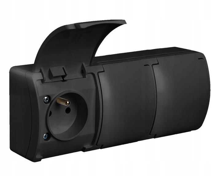 GNIAZDKO POTRÓJNE HERMETYCZNE NATYNKOWE Z KLAPKĄ BRYZGOSZCZELNE CZARNE