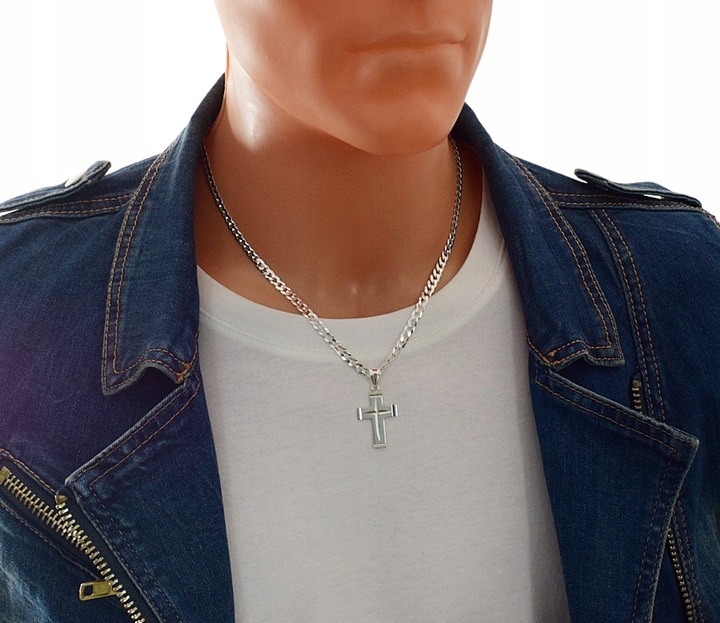 Łańcuszek Srebrny Męski Pancerka Diamentowany Krzyżyk pr 925 Grawer Gratis