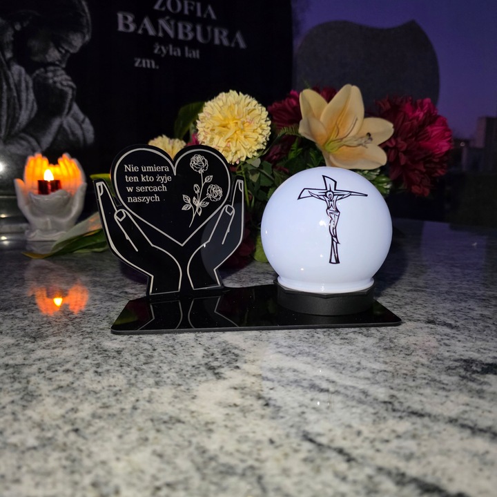 ZNICZ z Kulą Solarną na Grób STATUETKA LED NA CMENTARZ Wieczny Szkło Akryl