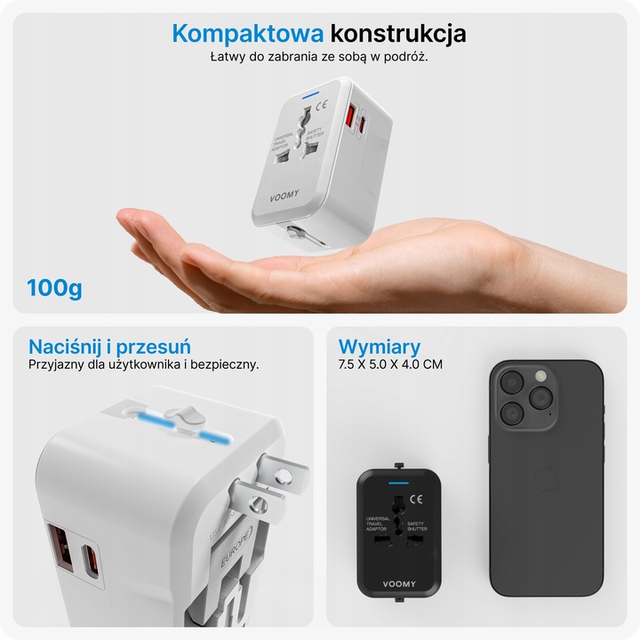 Voomy 20W Uniwersalna Wtyczka Światowa - 150+ krajów - USB-C & USB-A