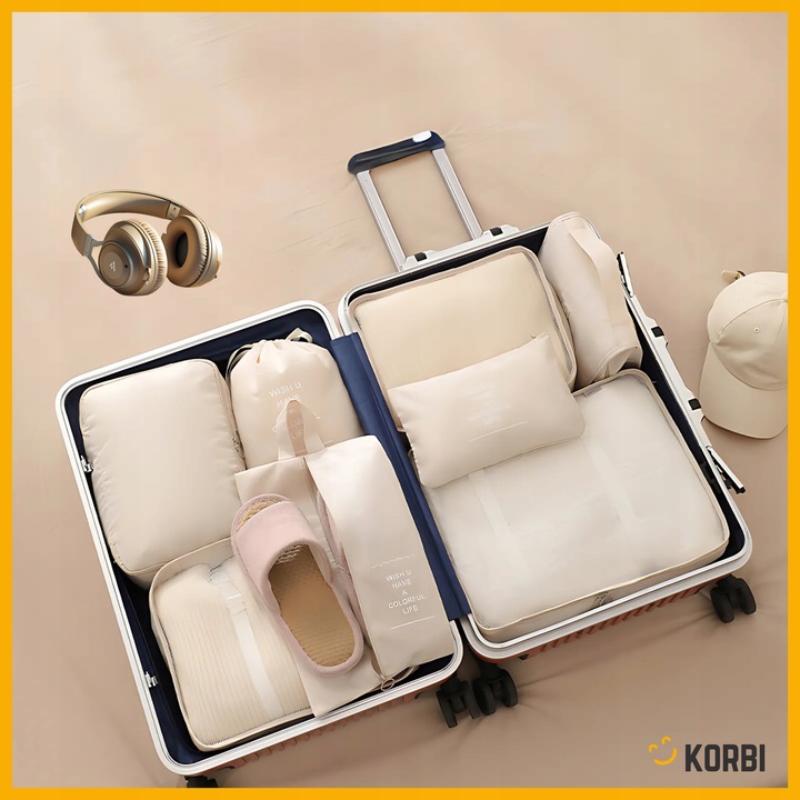 ZESTAW ORGANIZERÓW ORGANIZER PODRÓŻNY WALIZKI SZAFY UBRAŃ KOMPLET 8szt BEŻ