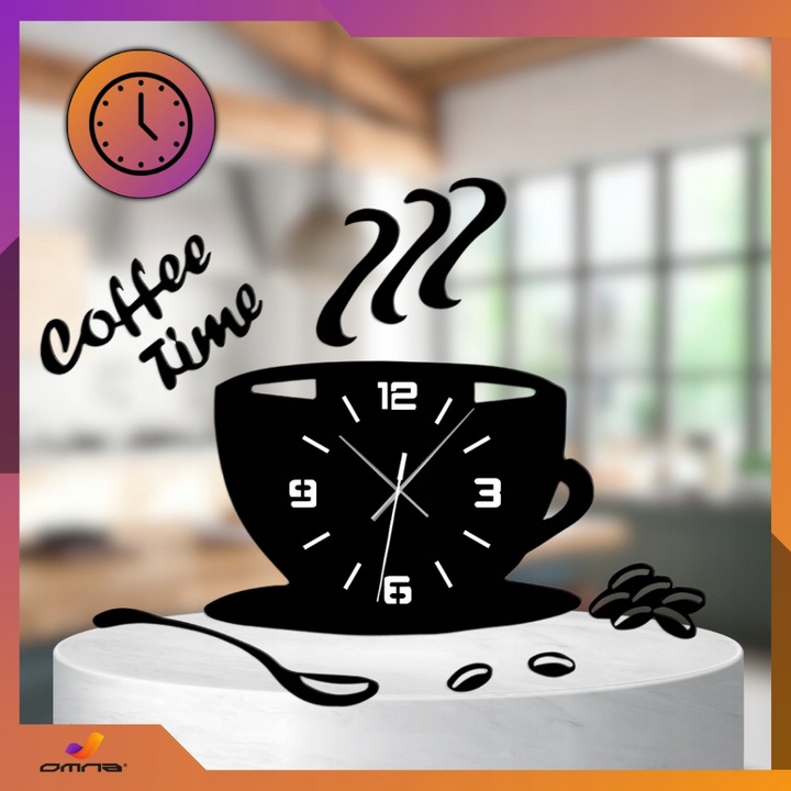 Zegar ścienny kuchenny filiżanka kawy do kuchni kawiarni czarny efekt 3D