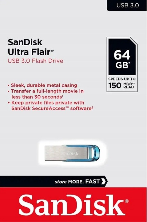 SanDisk PENDRIVE ULTRA FLAIR USB 3.0 64 GB 150MB/s NIEBIESKI