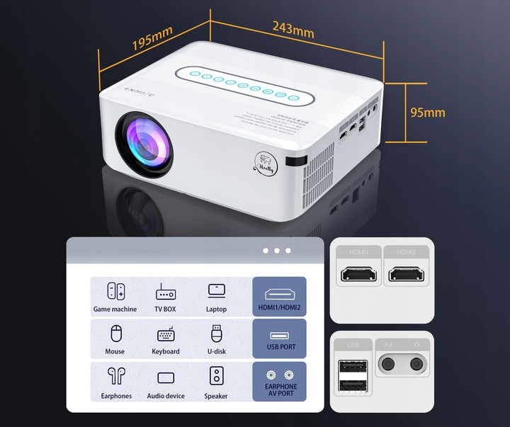 PROJEKTOR RZUTNIK ANDROID SMART TV WIFI FULL HD 12000LM 4K LED