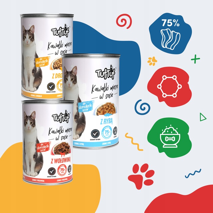 MOKRA KARMA DLA KOTA 24x415g 75% MIĘSA W SOSIE TUF TUF PUSZKI MIX