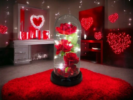 WIECZNA RÓŻA W SZKLE W KOPULE ŚWIECĄCA NA WALENTYNKI LED PREZENT PUDEŁKO