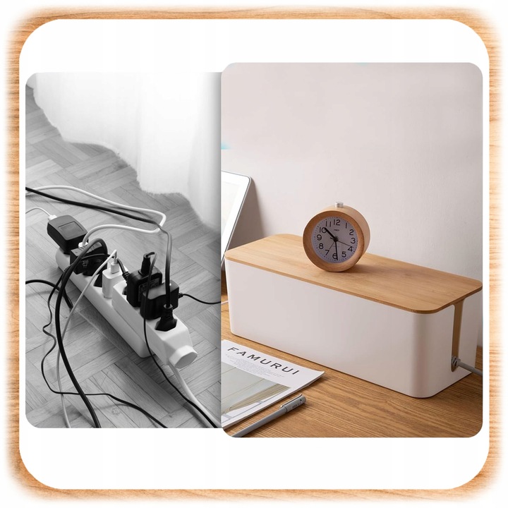 ORGANIZER NA KABLE POJEMNIK PUDEŁKO LISTWE KABLI PRZEWODY DREWNIANA