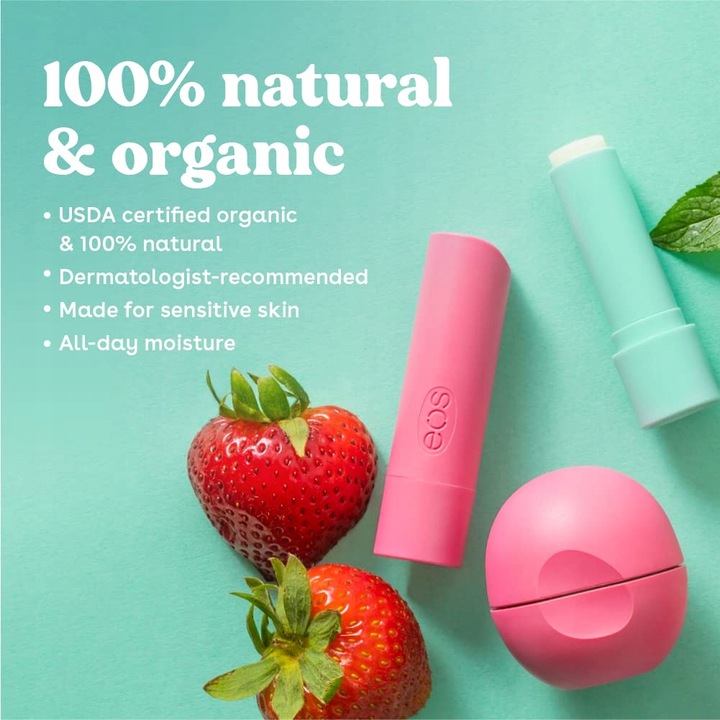 Naturalny balsam do ust Eos sorbet truskawkowy.