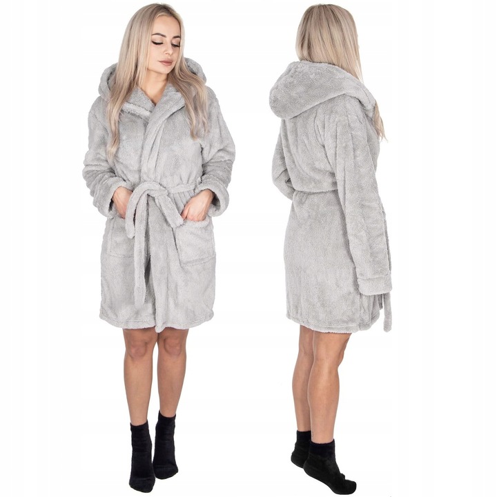 SZLAFROK DAMSKI CIEPŁY Z KAPTUREM R.S/M WIĄZANY W TALII GRUBY DŁUGI MIĘKKI