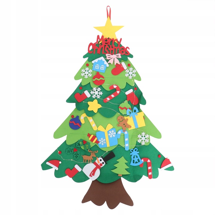 Choinka z Filcu Dla Dzieci Do Dekoracji Zdejmowane Ozdoby Lampki Światełka