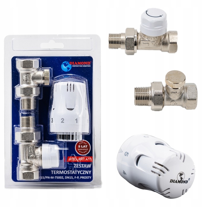 ZESTAW TERMOSTATYCZNY PROSTY ZAWÓR ZASILAJĄCY POWROTNY GŁOWICA DO