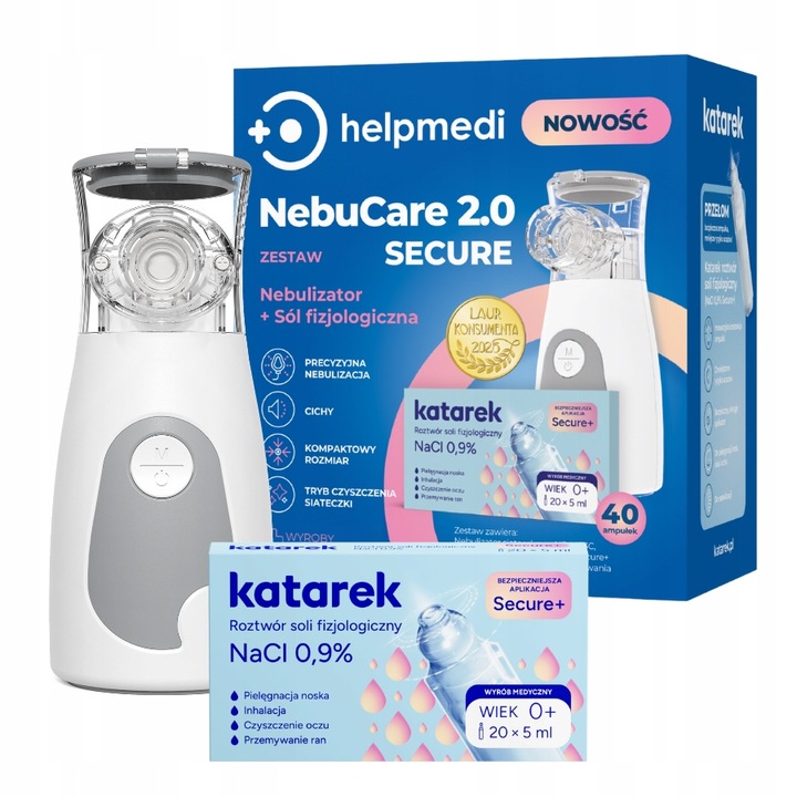 NEBUCARE SECURE 2.0 INHALATOR NEBULIZATOR SIATECZKOWY + SÓL NA KATAREK