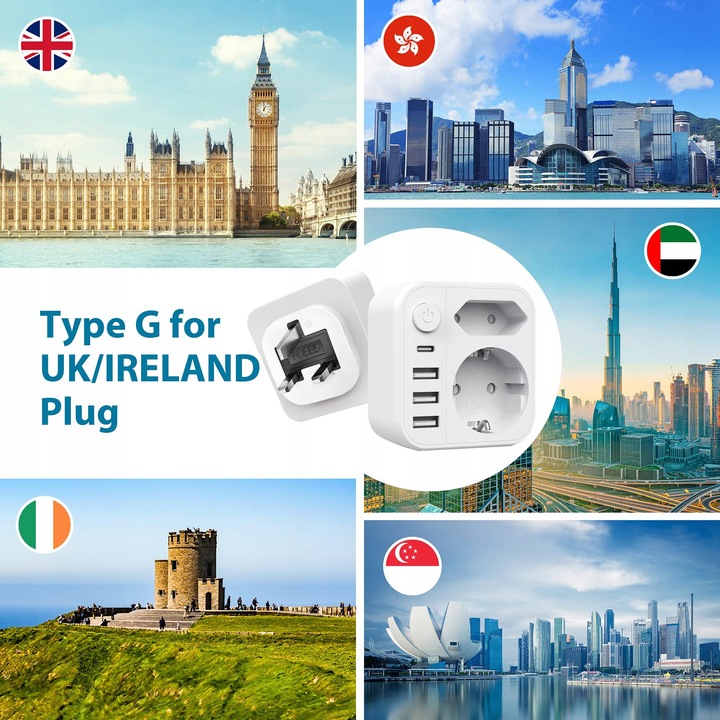 ŁADOWARKA TYP G Adapter podróżny 3USB+1USB-C, UK WTYCZKA