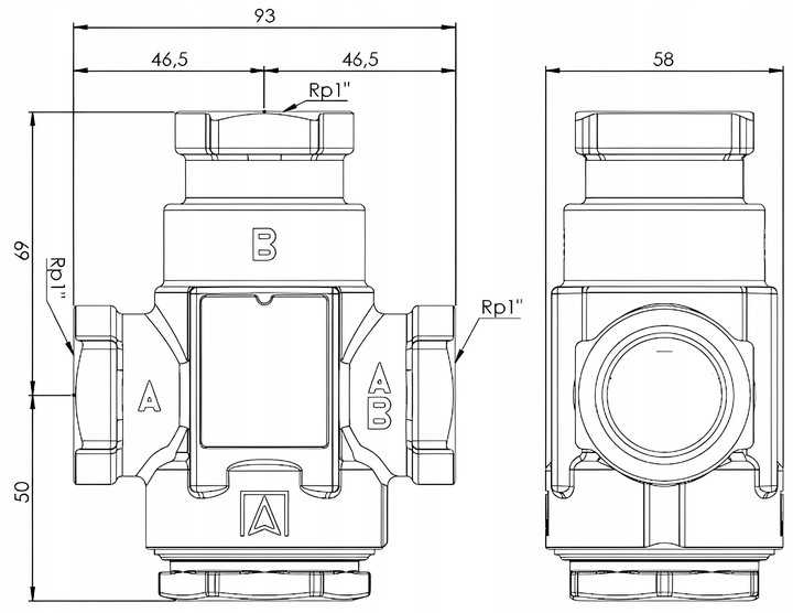 ZAWÓR TEMPERATUROWY OCHRONY POWROTU KOTŁA ATV 333 DN25 Ø 1" CAL 9 m³/h