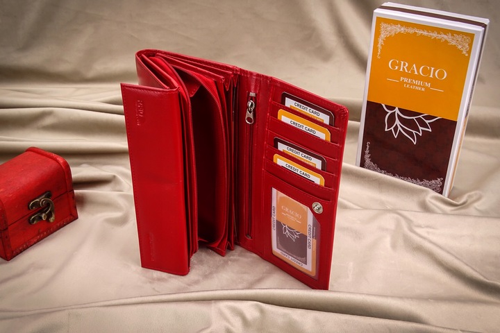 Damski Czerwony Gracio Portfel Skóra Naturalna BIG