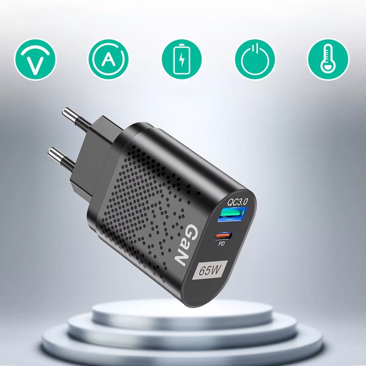 SZYBKA ŁADOWARKA SIECIOWA GaN 65W DO TELEFONU USB-C PD QC MOCNY ZASILACZ