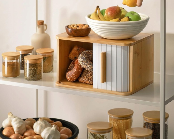 Bambus Chlebak Drewno Pojemnik Na Chleb Pieczywo 33x23 BIAŁE DRZWICZKI